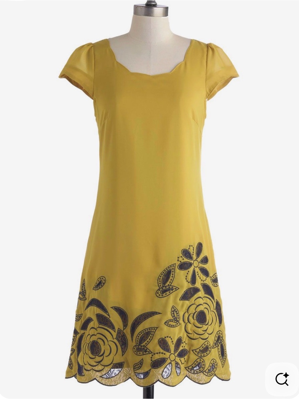 Ryu Mustard Yellow Midi Dress with Navy Floral Hem
